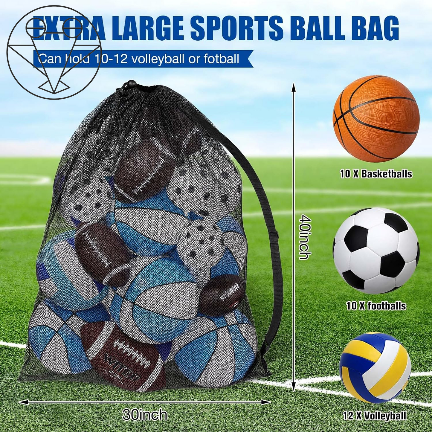 Extra Large Sports Ball Bag 30 X 40 Inches Mesh Soccer Basketball Bags Large Mesh Pouch with Adjustable Shoulder Strap for Football Volleyball Gym Sports Equipment