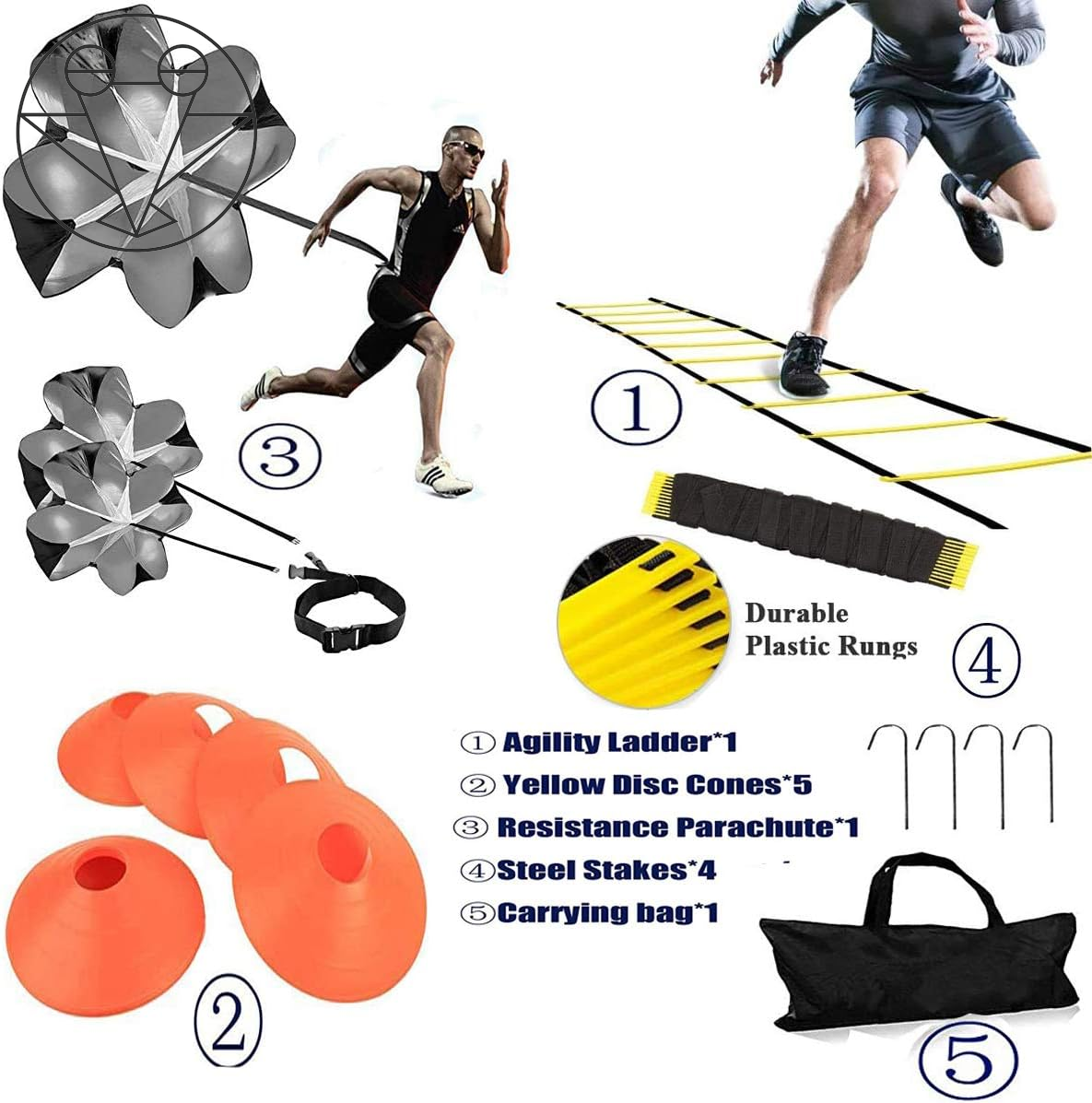 Agility Ladder, Speed Training, Soccer Agility Speed Training Equipment, 20Ft Agility Ladder, 6 Soccer Cones, Running Parachute, Basketball Football Soccer Training Equipment for Kids, Youth, Adults